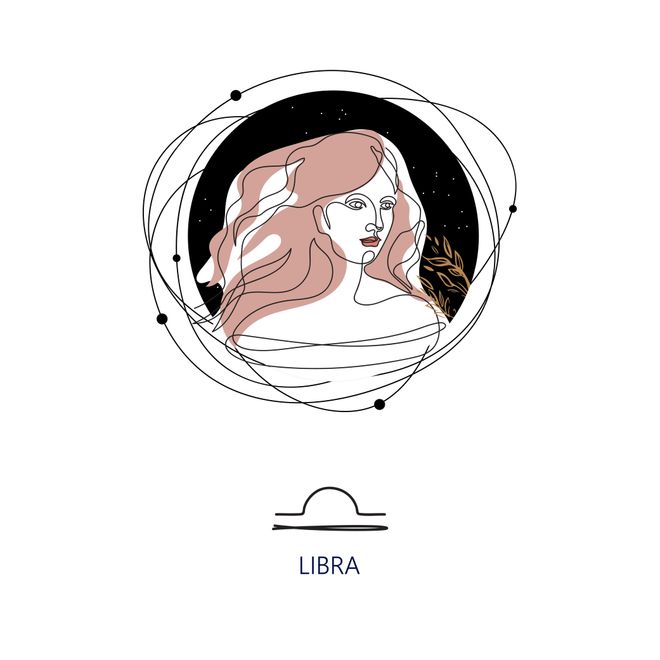 Zodiac sign Libra. The symbol of the astrological horoscope. Vector illustration. Portrait of a girl. Continuous line