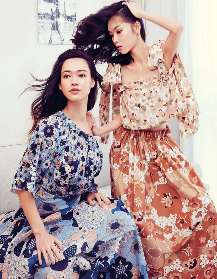 (Left) Gaufré top; gaufré skirt. (Right) Cotton top; cotton skirt