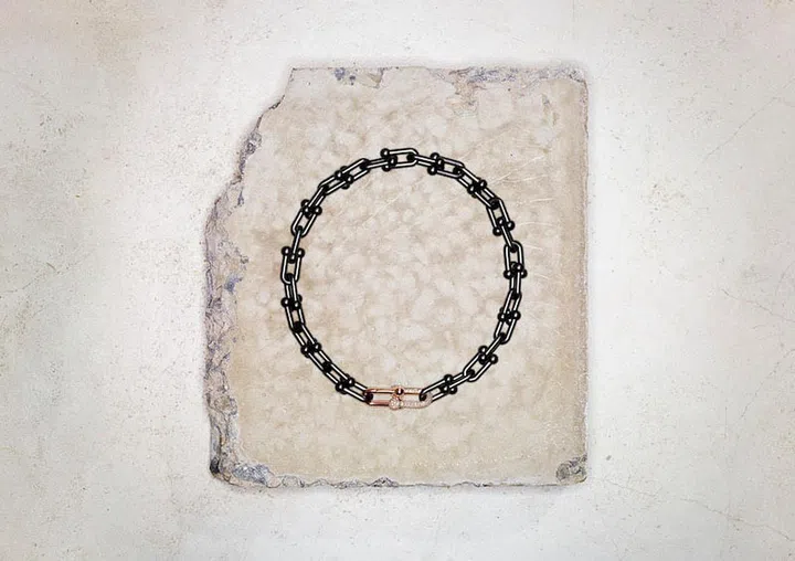 Tiffany HardWear necklace in black titanium with a single pavé diamond 18k rose gold link. (Photo: Tiffany & Co.)
