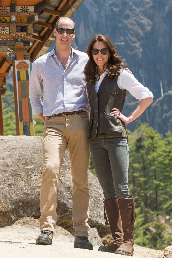 Middleton looked sporty chic in a deep green vest, skinnies and brown riding boots as her and Prince William prepared to trek up Tiger's Nest during a visit to Bhutan.