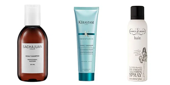 From left: Sachajuan Scalp Shampoo, Kérastase Résistance Ciment Thermique, Percy &amp; Reed Dry Instant Volumising Spray