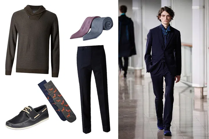 Hermès fall/winter 2016. Photo: Getty Images. Clockwise from top left: Long sleeve shawl button neck jumper, $79.90; 2 pack geometric print ties, $39.90; flat front wool blend twill trousers, $109.90; cotton rich animal sock set, $29.90; leather square toe boat shoes, $169.90, Marks &amp; Spencer