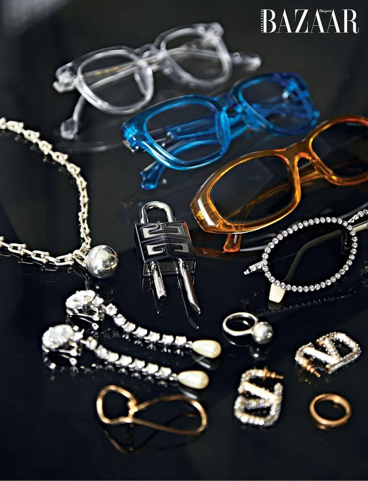 An assortment of Gentle Monster eyewear and jewellery from Tiffany & Co., Givenchy, Miu Miu and Valentino.