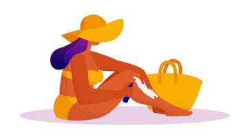 Sun protection vector illustration. Flat female character using sun care spa cream at the beach. Tanning curvy woman isolated on white background.