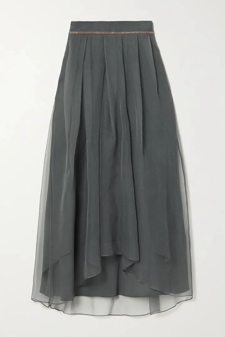 Asymmetric Bead-Embellished Silk Midi Skirt, $3,240, Brunello Cucinelli at Net-a-Porter
