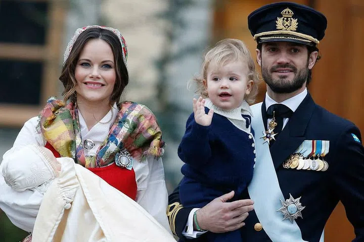 Princess Sofia and Prince Carl Philip of Sweden at the christening of their son, Prince Gabriel, at Drottingholm Palace Chapel in Stockholm.