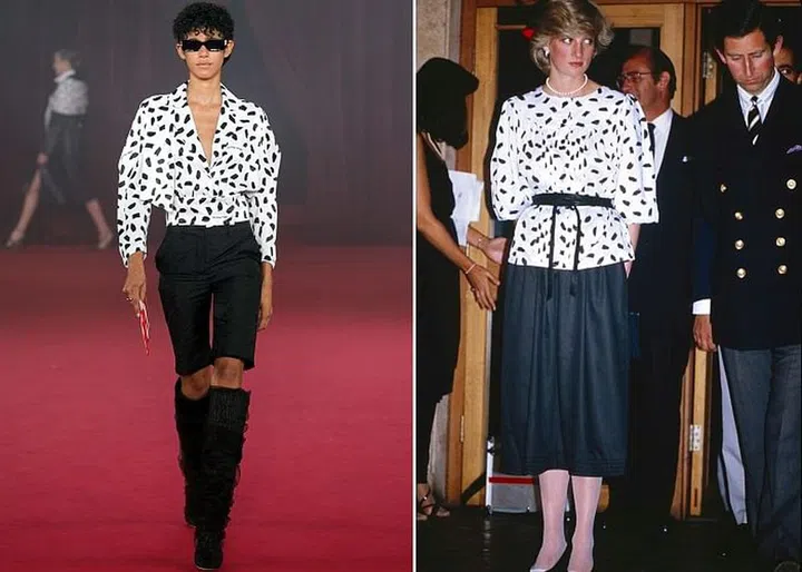 Abloh adapted Diana's geometric and bold prints; from ladylike separates paired with conservatively-shaped skirts, to easy-to-wear elegant pieces, to jeans, minis, knee-length shorts (another one of his Diana-isms) and thigh-high boots. Photo: Getty 