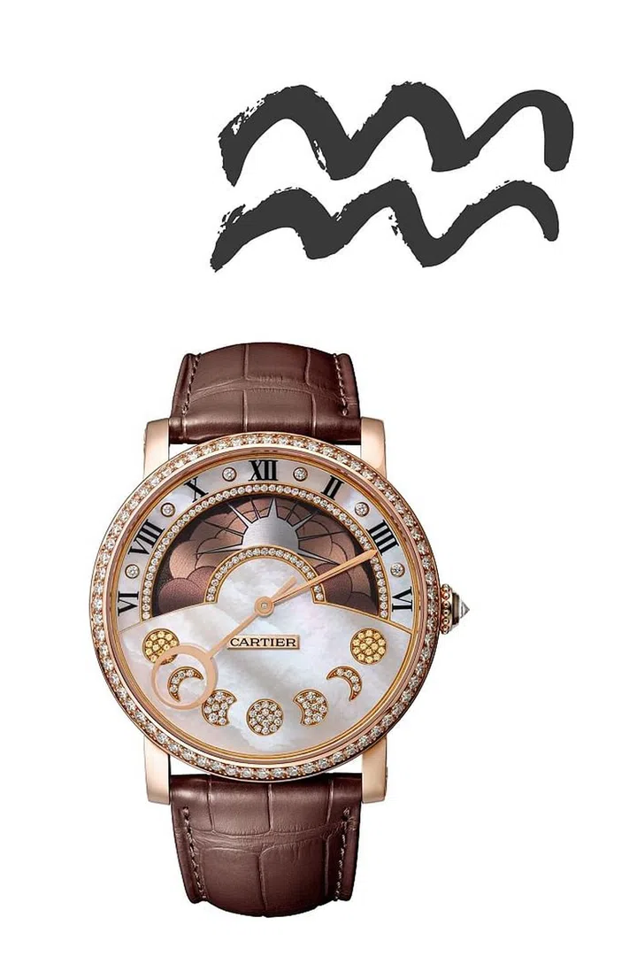 Visionary air sign Aquarius craves a truly magical watch. Enter this delicate Cartier piece, featuring a retrograde moon phase (the hand resets after each journey around the moon) and a wearable, neutral palette.  <b>Cartier Rotonde de Cartier Night and Day Moon Phase, $68,500</b>