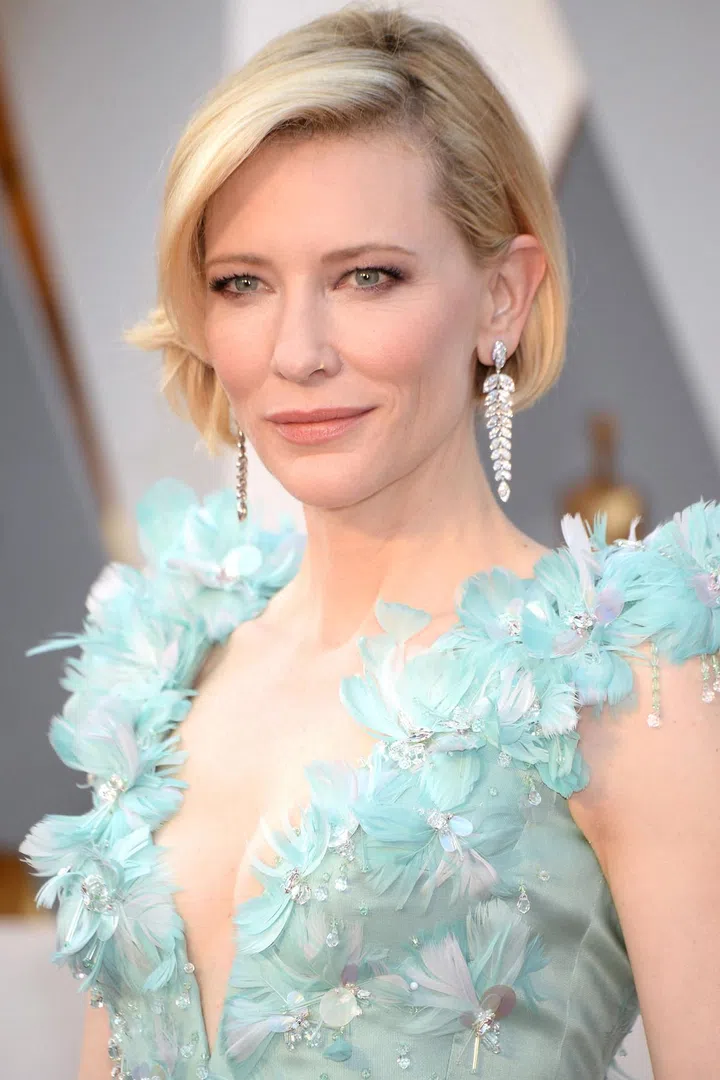 Blanchett manages to make her stunning drop earrings in platinum with marquise and round diamonds by Tiffany & Co complement and not compete with her ornate gown.