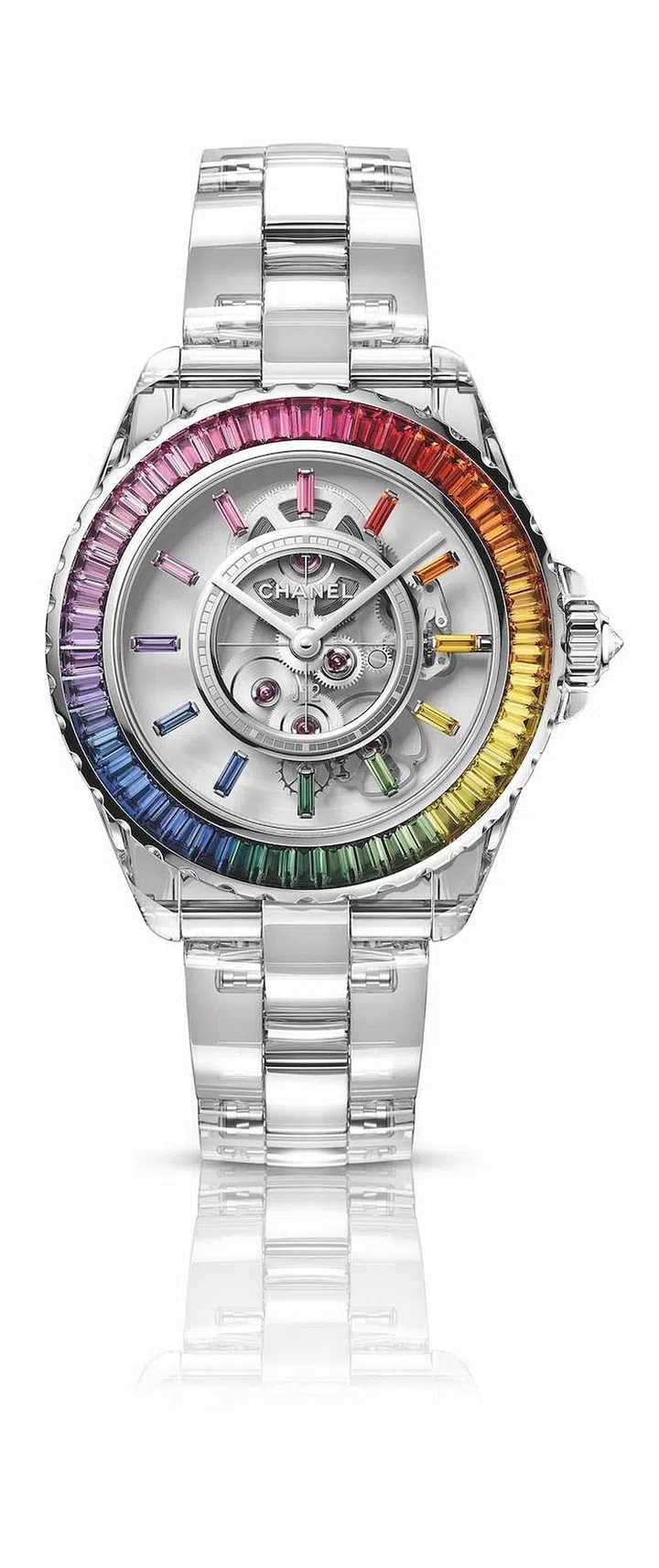 The rainbow of coloured sapphires on Chanel’s J12 X-Ray Electro Caliber 3.1 watch. (Photo: Chanel)