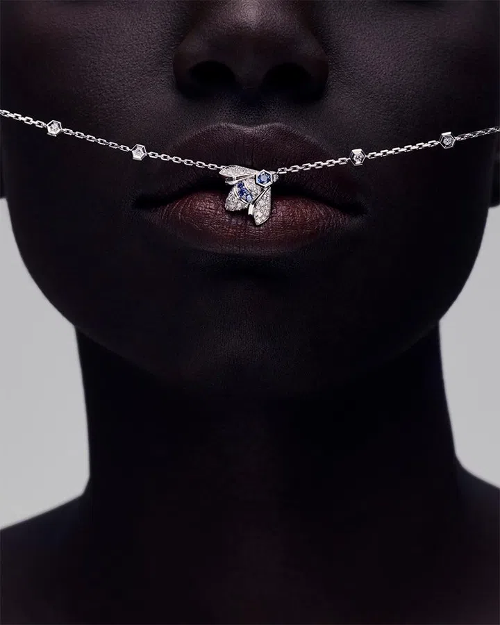 bee de chaumet 2026 novelties | models wearing diamond and sapphire pendant