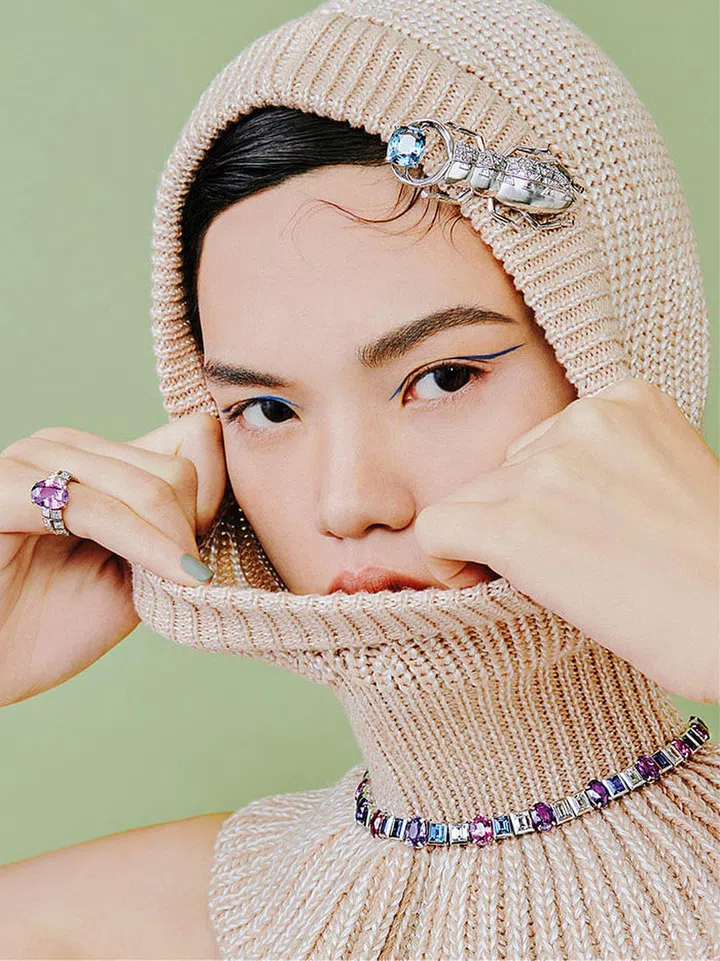 Platinum, spinel and diamond brooch; white gold, sapphire and diamond ring; white gold, sapphire and diamond necklace. Knit hoodie, Chloé.