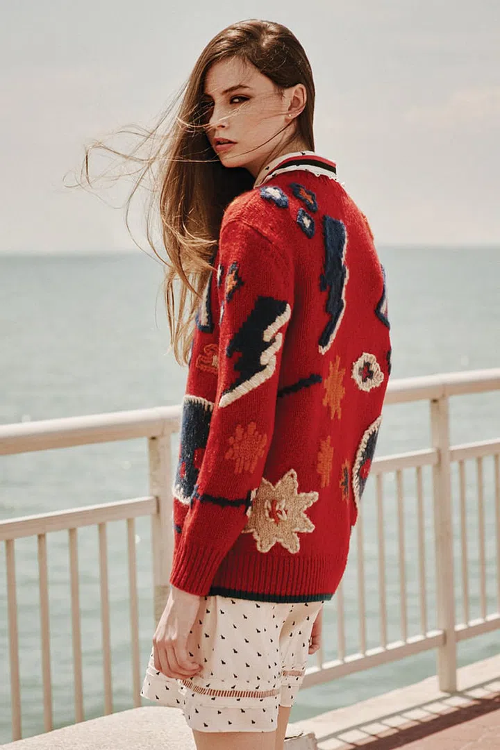 Wool Motif jumper;  silk Printed Bib Ribbon dress