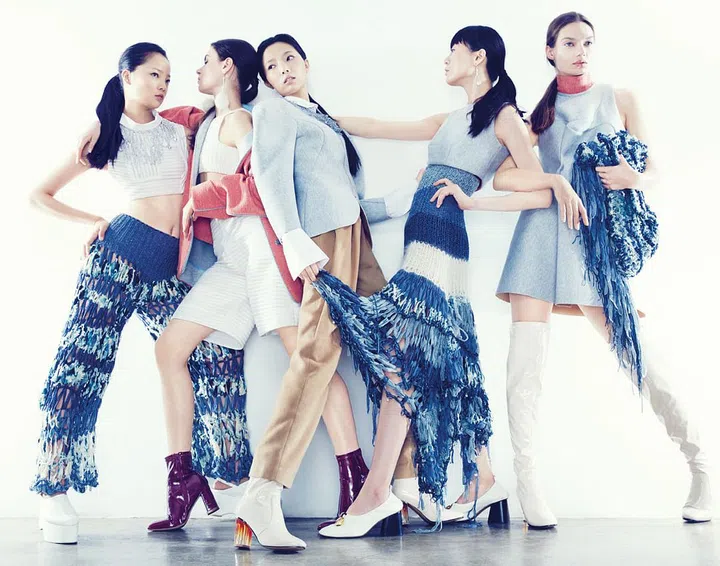 Climate change and coral bleaching were the unlikely inspirations behind Aaron Yong’s collection, crafted in bleached denim or soft cashmere, and dipped in calming hues of red, blue and grey. Clothes; accessories, Aaron Yong