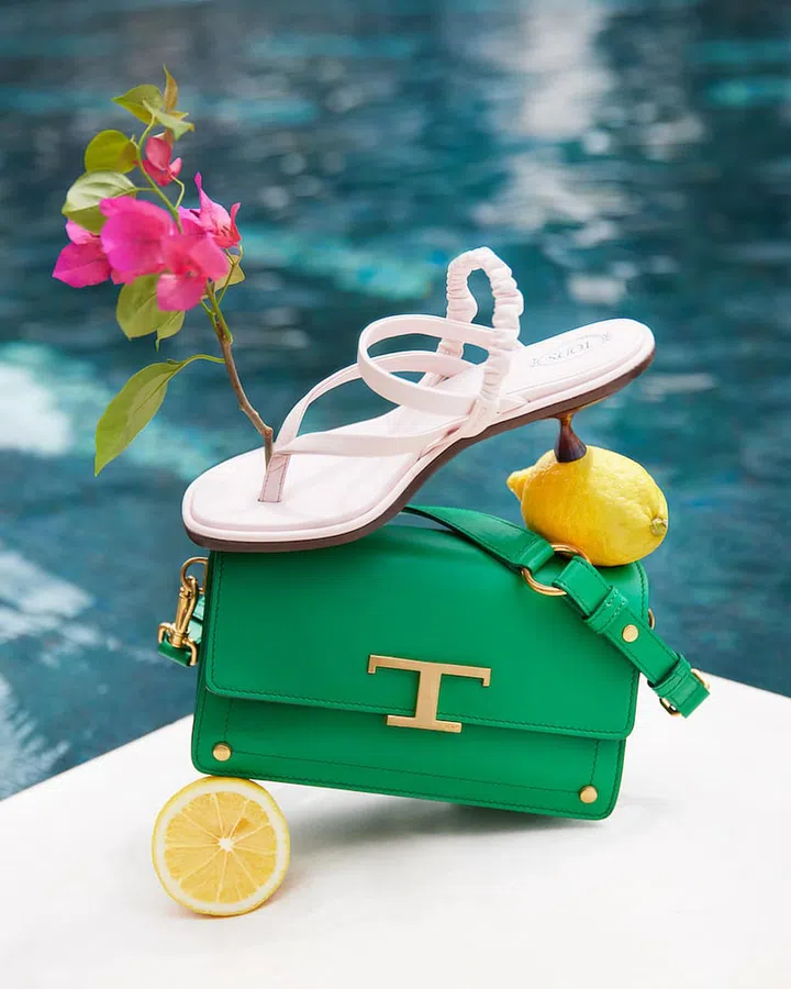 From top: Tod’s Sandal, and Tod’s T Timeless Shoulder Bag. (Photo:  Natsuko Teruya)

