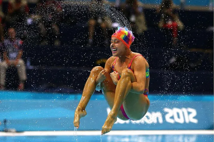 A Canadian swimmer competing in the synchronized swimming competition final in London. Photo: Getty
