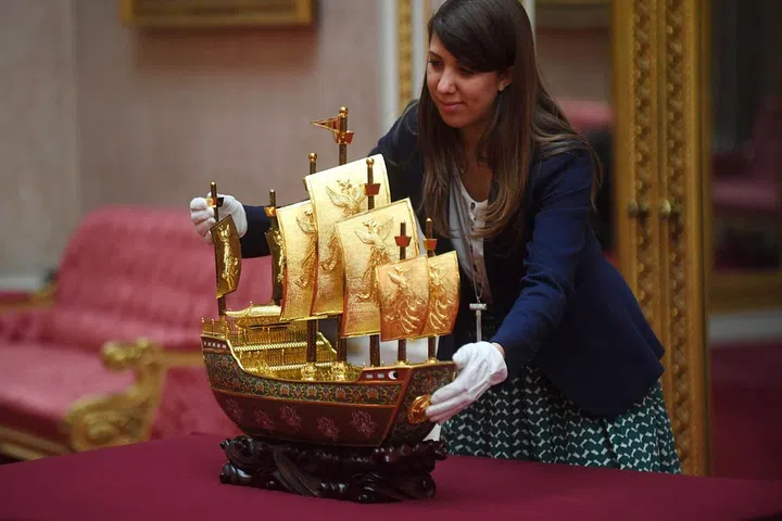 Presented to The Queen from China in 2015, the Vessel of Friendship is a model of the treasure ship sailed by the navigator and diplomat Zheng He of the Ming Dynasty. Photo: Getty