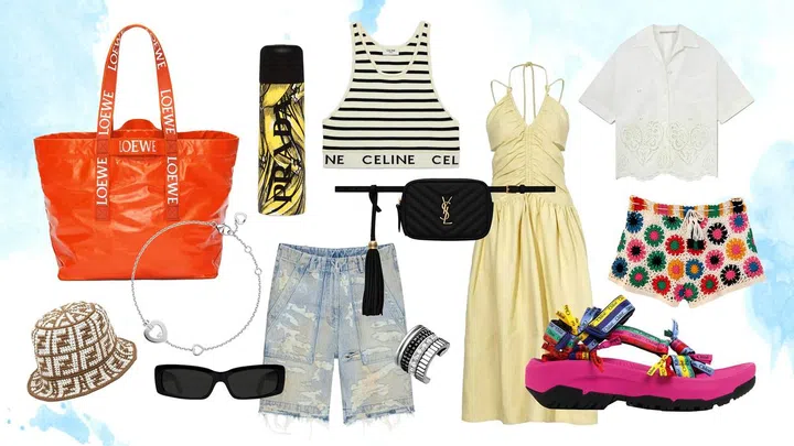 Clockwise from top: Bag, $2,850, Loewe. Bottle, $790, Prada. Bra top, $950, CELINE. Dress, $2,900, Proenza Schouler. Shirt, $2,595, Stella McCartney. Shorts, $205, Farm Rio. Sandal, Chloé x Teva. Bum bag, $1,470, Saint Laurent by Anthony Vaccerello. Ear cuff, Boucheron. Shorts, $2,650, Givenchy. Sunglasses, $880, Balenciaga. Bracelet, FRED. Hat, $1,190, FENDI.
