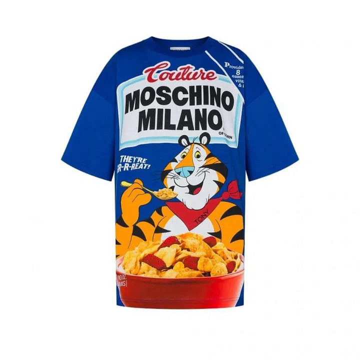 Blue Cotton Jersey T-Shirt (Tony The Tiger Allover Print), $630, Moschino