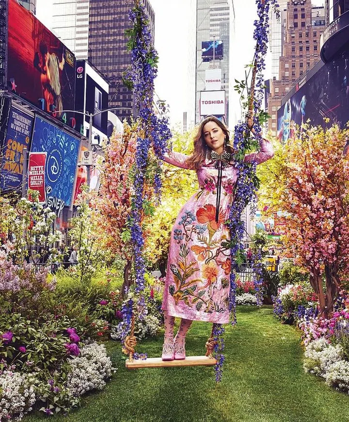 Dakota Johnson in Gucci dress, $13,000, socks, $95, and shoes, $1,290. gucci.com. Photo: Alexi Lubomirski
