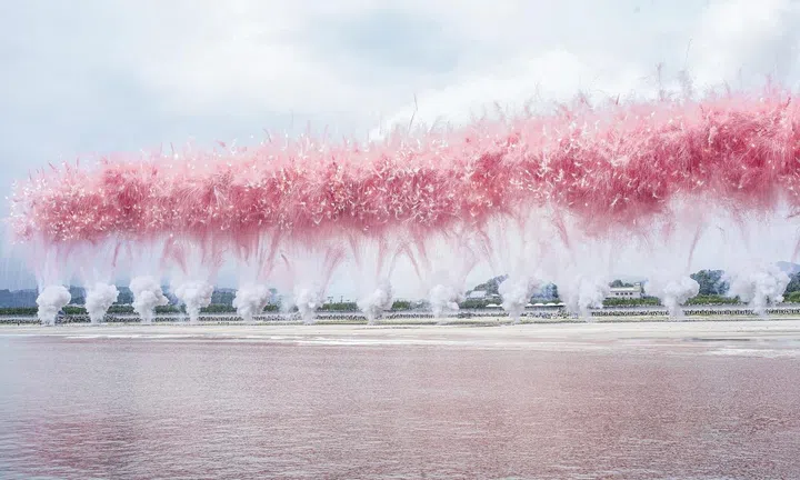 The “When The Sky Blooms With Sakura” daytime fireworks by Cai Guo-Qiang, in Iwaki, Japan. Image: Saint Laurent