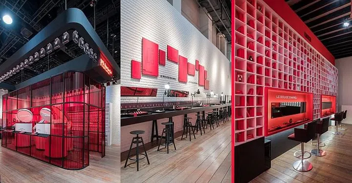 The Red Laboratory; beauty counters with technical sketches; Chanel library-framed vanities