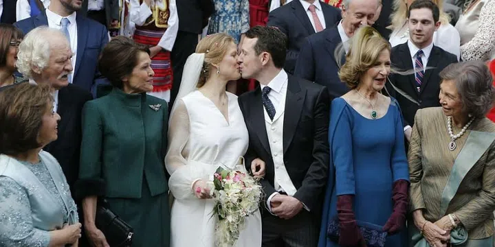 Prince Philip of Serbia and Danica Marinkovic after their church wedding at The Cathedral Church of St. Michael the Archangel on in Belgrade, Serbia.