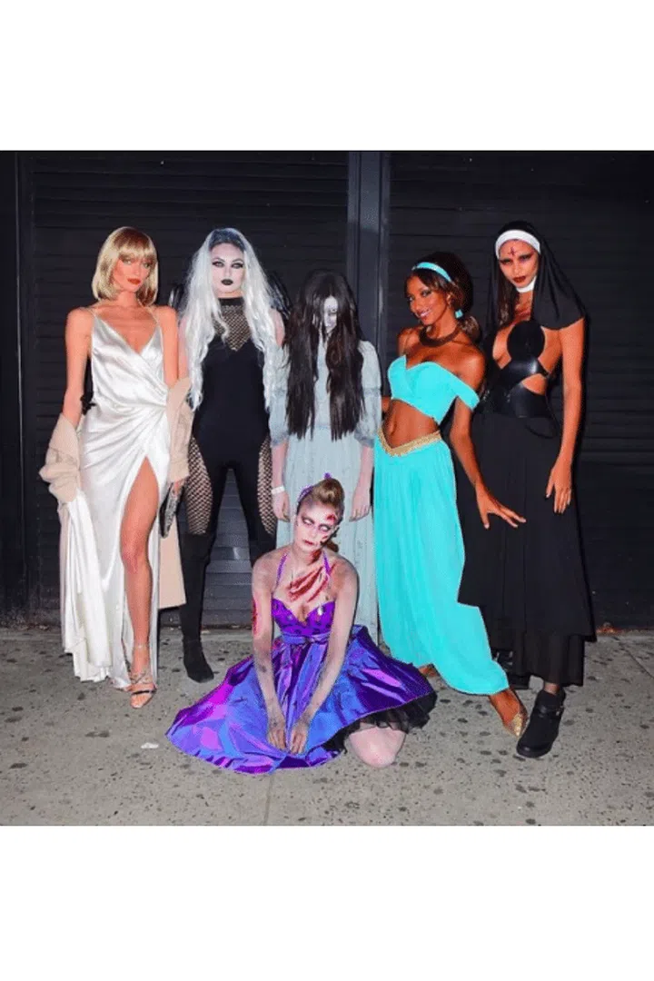 Martha Hunt as Elvira Hancock, Romee Strijd, Sara Sampaio as the girl from The Ring, Jasmine Tookes as Princess Jasmine, Lais Ribeiro and Josephine Skriver.