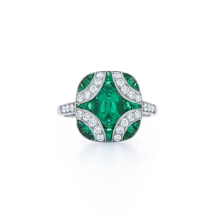Vintage emerald and diamond ring set in 18k white gold, $14,400, Kwiat.com.
