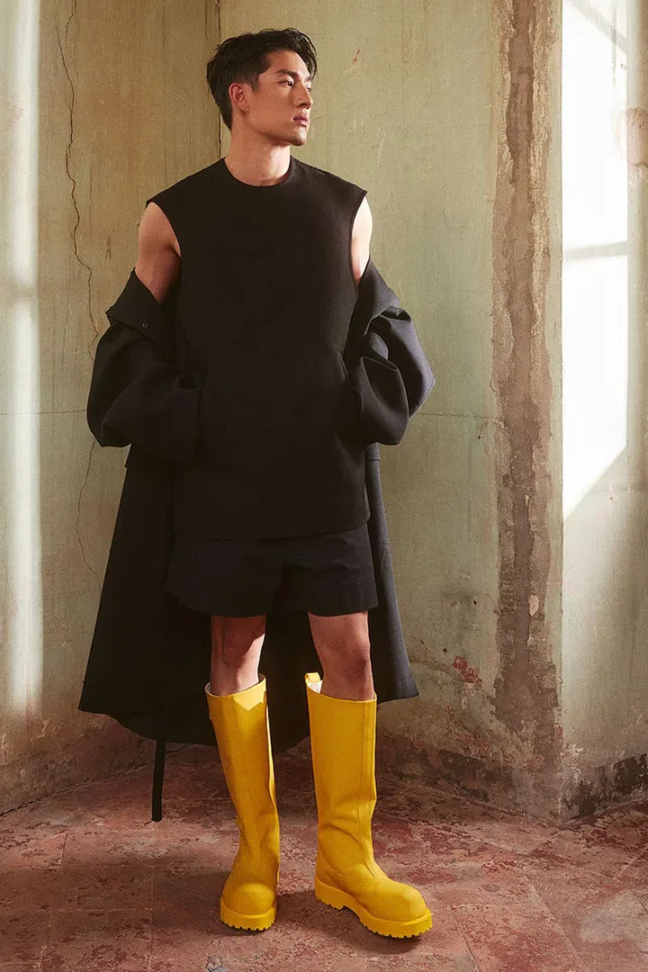 Coat, tank top and boots, Onitsuka Tiger. Photo: Hans Goh