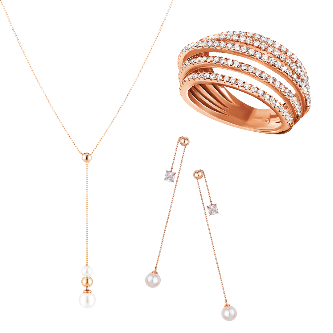 Adjustable necklace, $530; drop earrings, $460, Stonehenge; Fashionably Silver Rose Gold Plated 925 Silver Ring, $149, Folli Follie