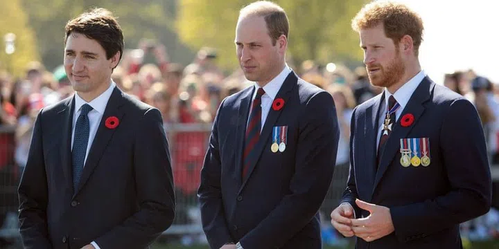 Canadian Prime Minister Justin Trudeau, Prince William, and Prince Harry arrive at the Canadian National Vimy Memorial in Vimy, France.