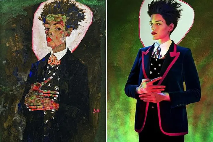 Egon Schiele, Self-Portrait with Peacock Waistcoat, Standing, 1911, gouache, watercolor, and black crayon on paper, mounted on board. Ernst Ploil, Vienna, courtesy of Neue Galerie New York; On Erika: Gucci jacket $2,800, shirt, $1,400, and pants, $1,800, gucci.com; Céline top, $1,800, celine.com. Photo: Pari Dukovic
