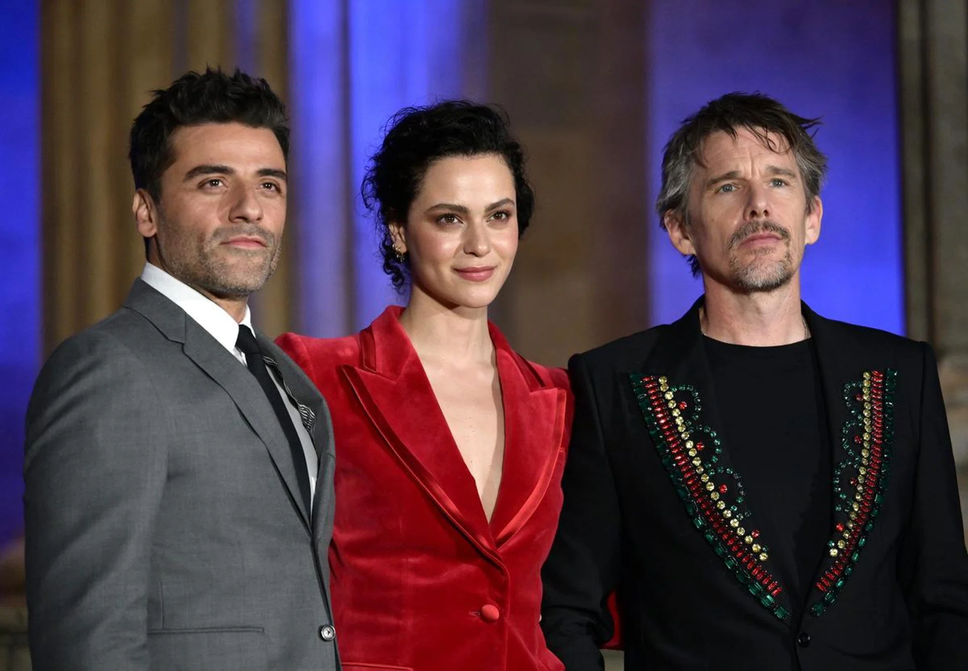 (left to right) Oscar Isaac, May Calamawy and Ethan Hawke. Photo by Gareth Cattermole/Getty Images for Disney.