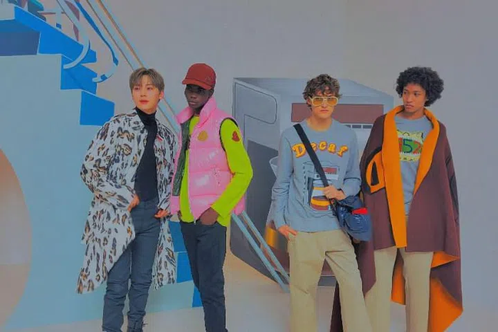 Korean boy-group NU’EST’s member Hwang Min-hyun alongside models at Moncler 1952 Man's installation space.