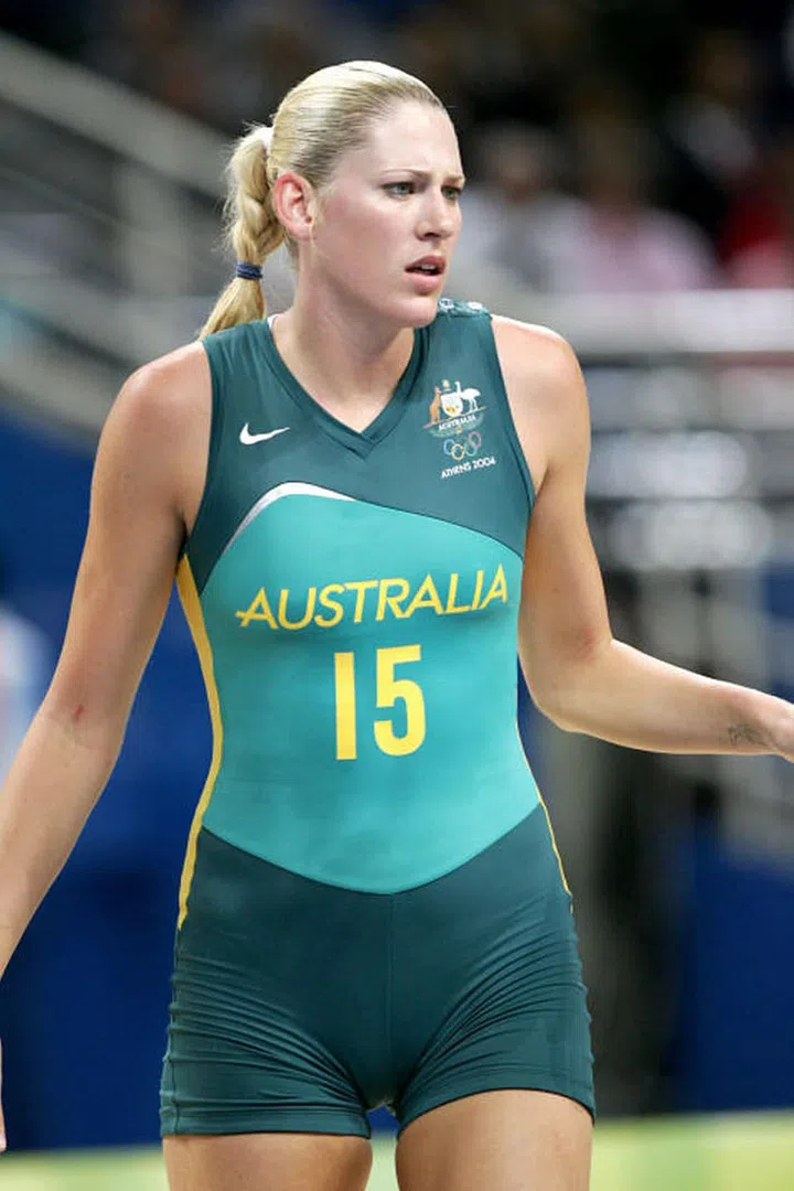 Lauren Jackson of the Australian women's basketball team at the games in Athens, Greece. Branding becomes more and more important at the beginning of the millennium, with sportswear logos and patriotic color schemes at the fore, and more streamlined fabrics cropping up with every game. Photo: Getty
