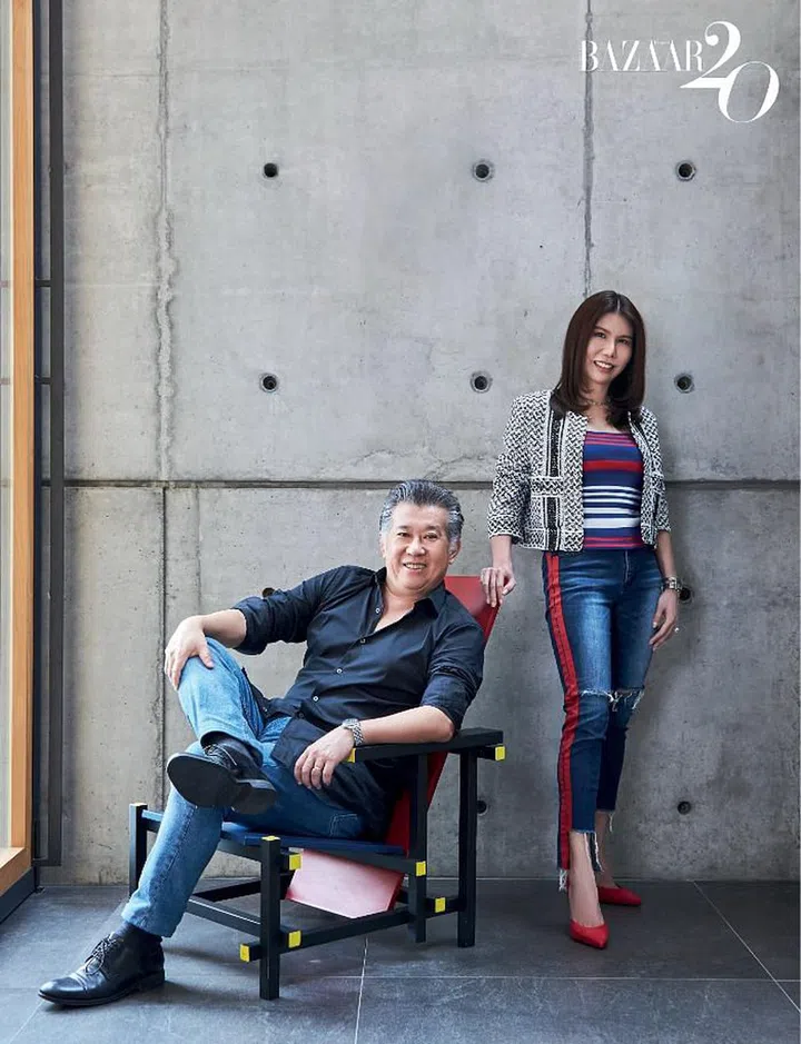 Tan, in his Massimo Dutti shirt and jeans, sitting on a Gerrit Rietveld chair designed in 1917, with Chuah in her Chanel jacket, Dolce&Gabbana top, Sézane jeans and Saint Laurent pumps teamed with her Bvlgari watch and Tiffany & Co. jewellery.

Photo: Phyllicia Wang