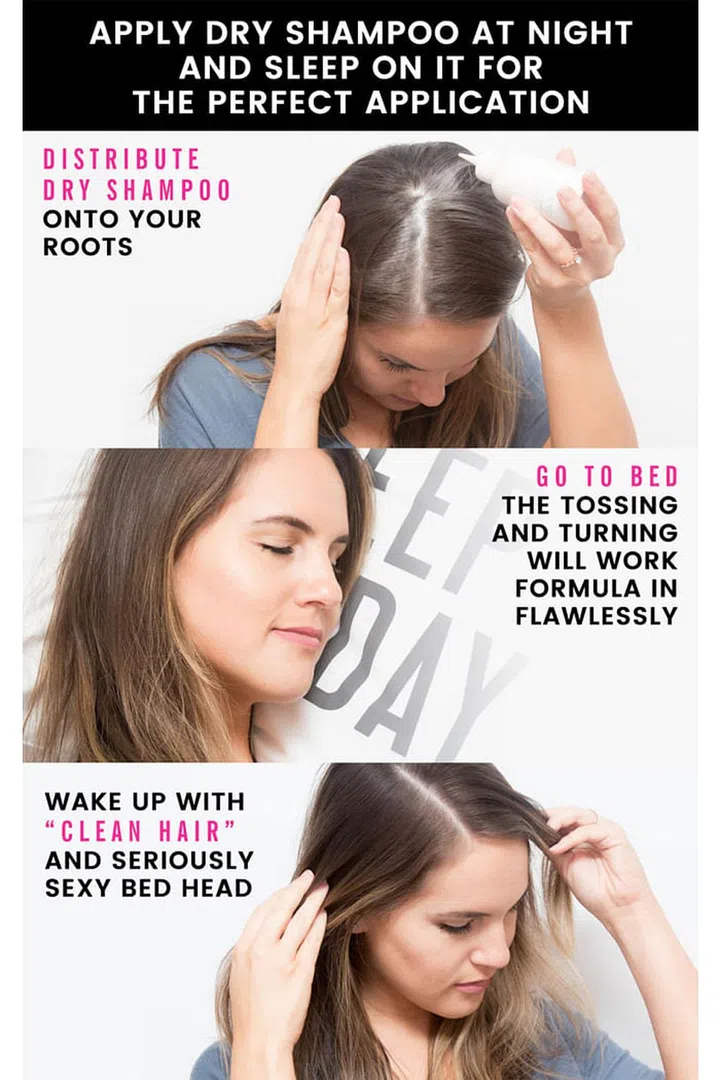13. Apply dry shampoo at night to allow it to set. When you wake up, you'll have perfectly tousled tresses, thanks to the tossing and turning you did while you were sleeping. Try Verb Dry Shampoo.