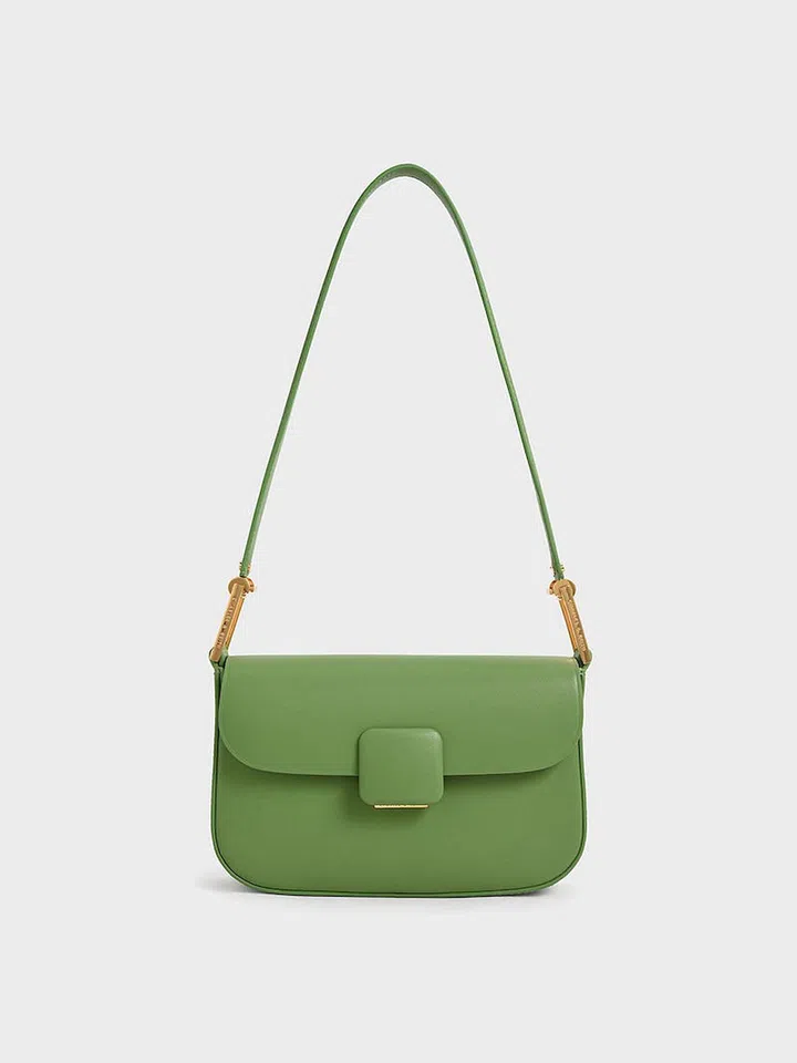 Koa Square Push-Lock Shoulder Bag - Green, $89.90, Charles & Keith