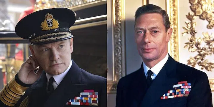 Sadly, King George won't feature in The Crown's second season, but this split showcases the costume design team's extreme attention to detail — down to every single colour on his blazer.

