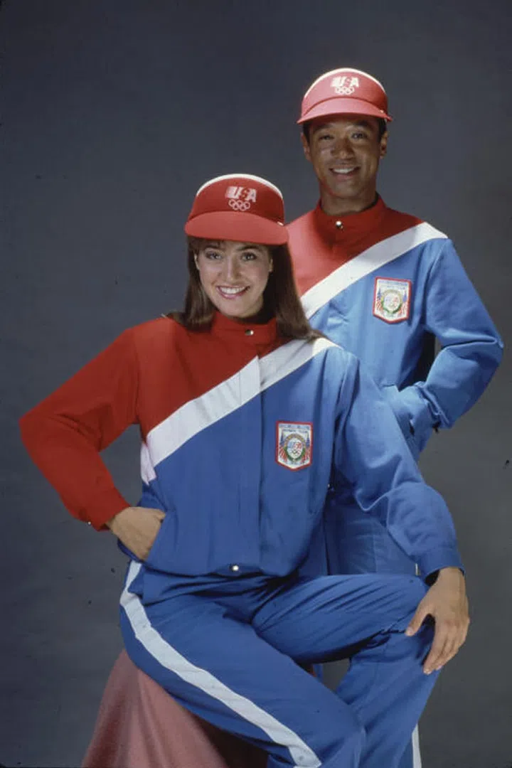 The outfit designed by jean maker Levi Strauss to be worn during the opening ceremonies for the Los Angeles 1984 Olympics. Shiny stretch fabrics and high-waisted shorts for men become a trend in the '80s. Photo: Getty
