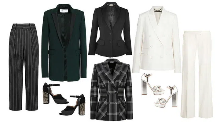 Stripe trousers, Alice and Olivia; Green blazer, Amanda Wakeley; Black heels, Marni; Black blazer, Alexander McQueen; Check blazer, Alexander McQueen; White blazer, Stella McCartney; White trousers, Stella McCartney; Silver heels, Loeffler Randall - all from THEOUTNET.COM