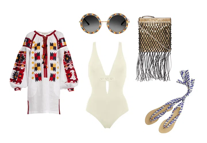Dress, Vita Kin at MatchesFashion.com. Sunglasses, Dolce &amp; Gabbana. Swimsuit, Eres. Bag, Bally. Sandals, Eres.