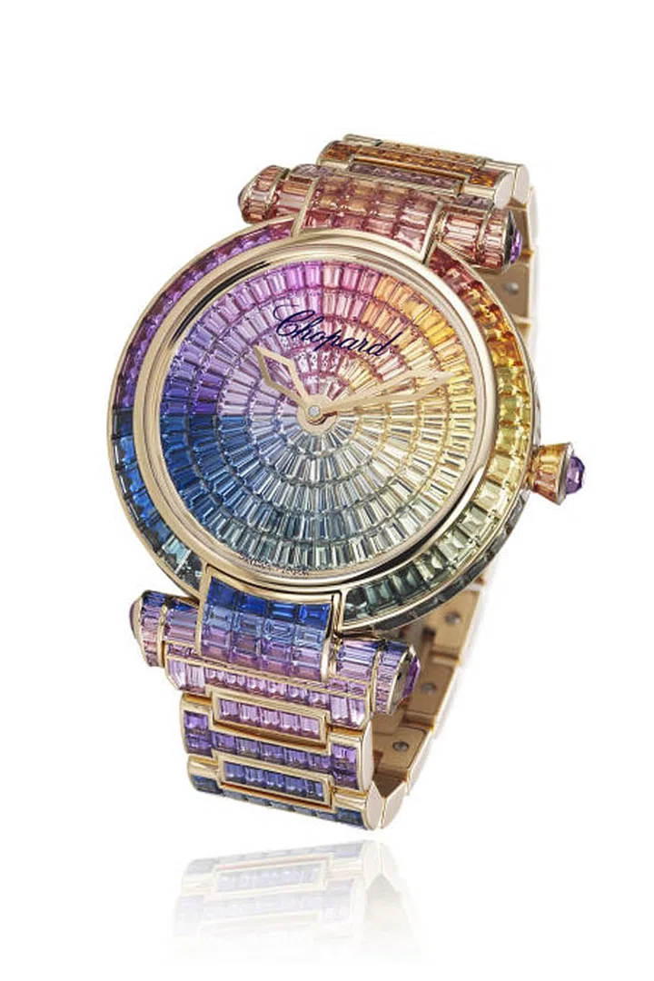 It takes more than 1,000 hours to select the 581 sapphires that make up the Imperiale Joallerie timepiece from Chopard, which contains 47.98 carats of multi-color stones. The entire spectrum is represented, each colorful baguette subtly morphing into the next. Shades of red turn into purple, variants of blue follow, greens become yellows and oranges, and then back to red at the top of the dial. Don't let the razzle dazzle deceive you—the 40mm watch features a powerful mechanical self-winding movement with a power reserve of over 60 hours.
Chopard Imperiale Joallerie, Price Upon Request. Available at Chopard boutiques, 1-800-CHOPARD or us.chopard.com