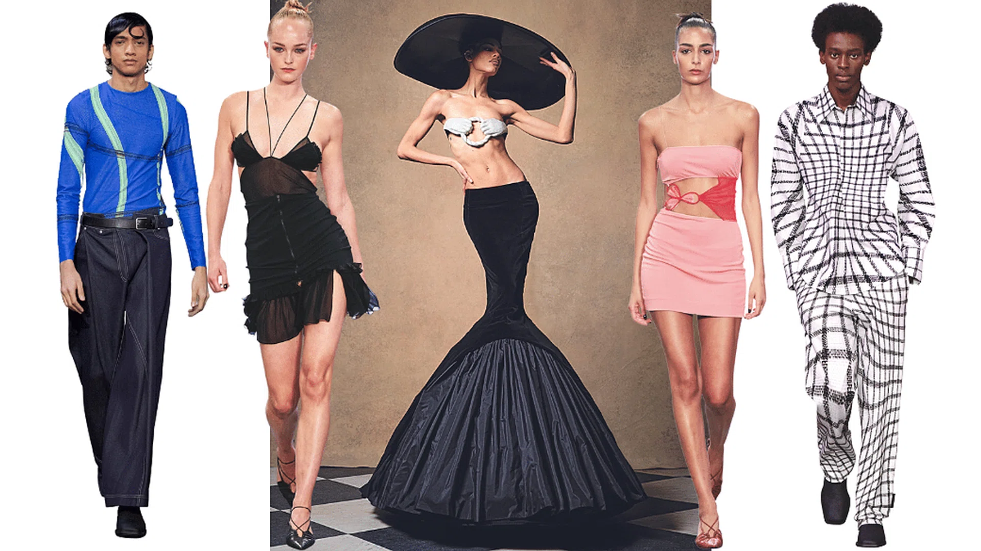 From left: Bianca Saunders fall/winter 2022, Nensi Dojaka spring/summer 2022, Harris Reed spring/summer 2022, Nensi Dojaka spring/summer 2022, Bianca Saunders fall/winter 2022. (Photos: Courtesy of brands)