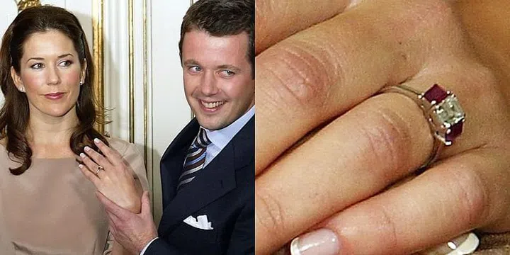 When Prince Frederik of Denmark proposed, he gave Mary Donaldson a diamond ring flanked by rubies. He's said to have chosen the stones because they're the colour of the Danish flag. Very patriotic. (FYI, Mary is set to become queen once Frederik succeeds to the throne.) Photo: Getty 