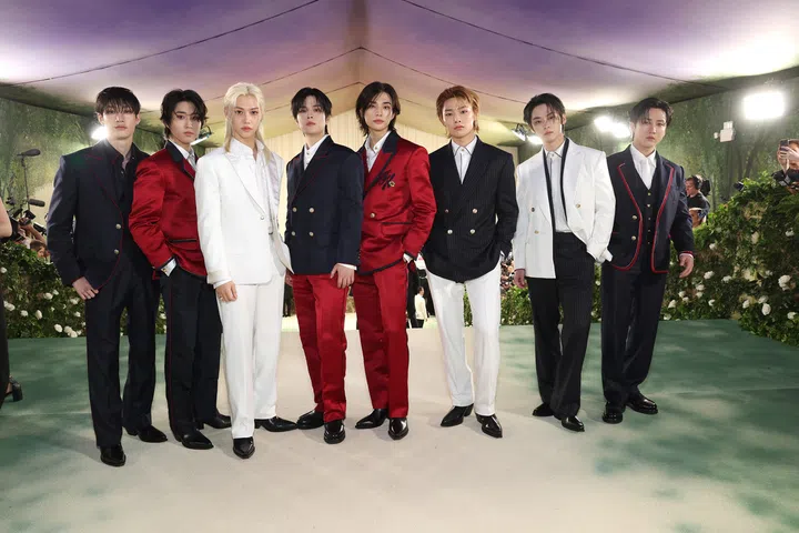 NEW YORK, NEW YORK - MAY 06: (L-R) Bang Chan, Han, Felix, Seungmin, Hyunjin, I.N, Lee Know, and Changbin of Stray Kids attend The 2024 Met Gala Celebrating "Sleeping Beauties: Reawakening Fashion" at The Metropolitan Museum of Art on May 06, 2024 in New York City.  (Photo by Kevin Mazur/MG24/Getty Images for The Met Museum/Vogue)