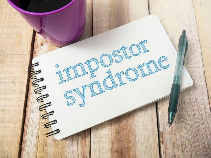 Impostor Syndrome, Mental Health quotes, words typography top view lettering concept