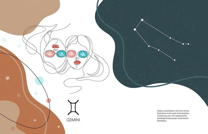 Zodiac background. Gemini constellation. Horizontal banner. One line.