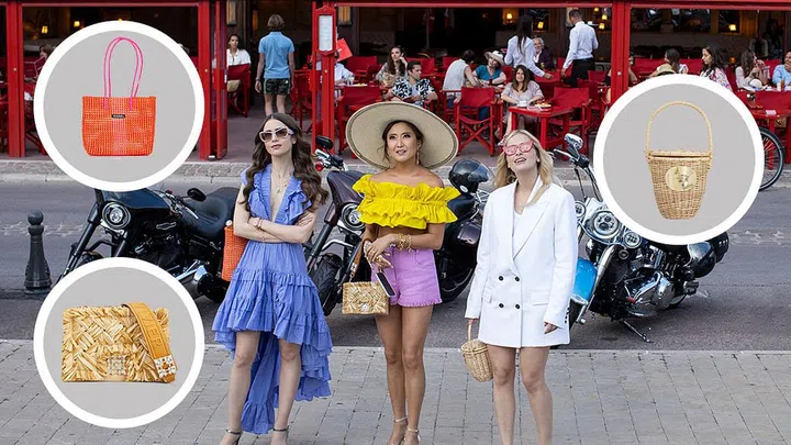 On Mindy: Roger Vivier, Miss Vivier Raffia Strass Buckle Bag in Fabrics
On Emily: SCOUBIDOU Orange, yellow and pink bag, 65 €
On Camille: Patou Wicker Mini Bag, €391.20